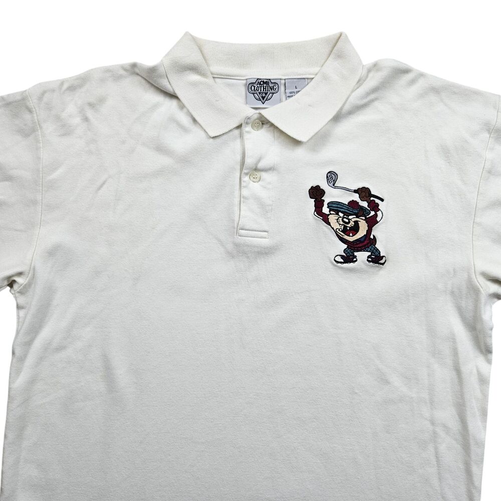 Vintage ACME Clothing TAZ Golf Polo Shirt Large White Embroidered Looney Tunes